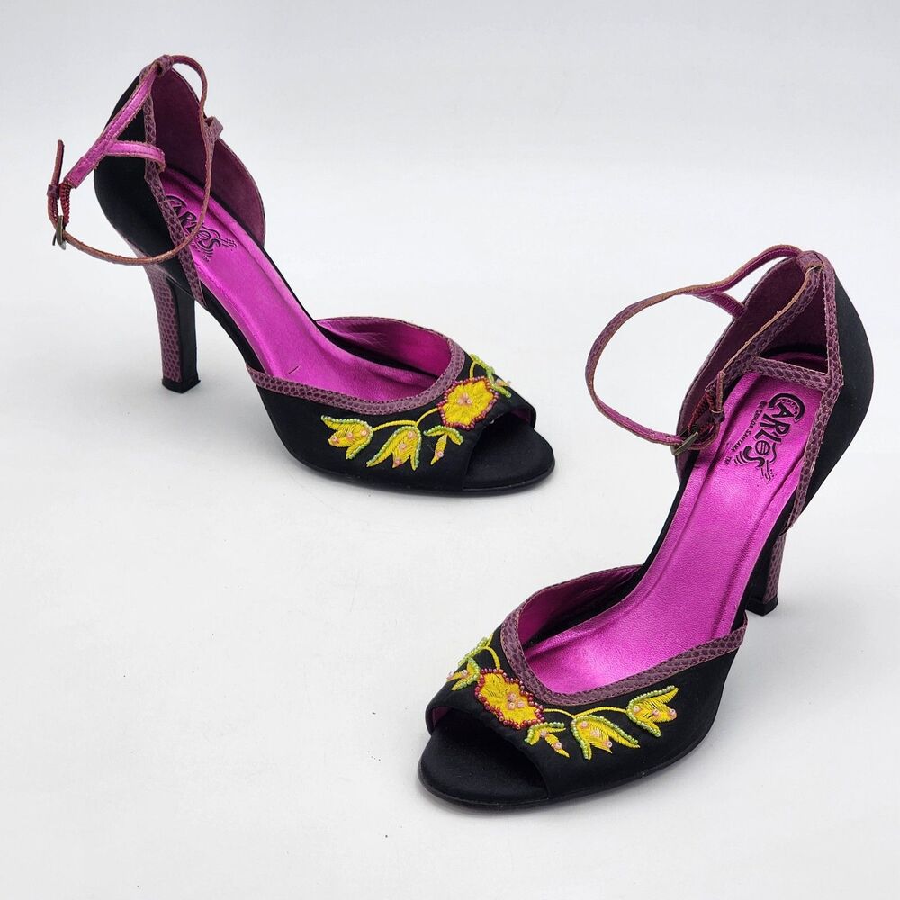 Carlos Santana Y2K Floral Beaded Peep Toe Sandal Heels Black Pink Size 9.5 RARE